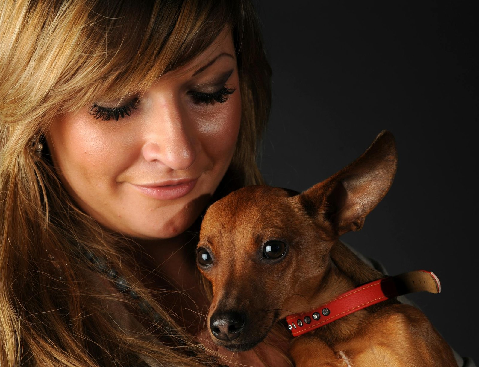 A heartwarming portrait of a woman lovingly holding a small brown dog with a red collar.